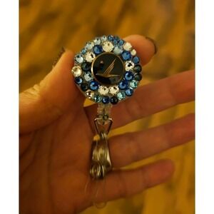 Airline Vintage‎ Button ID Holder. Handmade w Swarovski Element Crystals. Blue.
